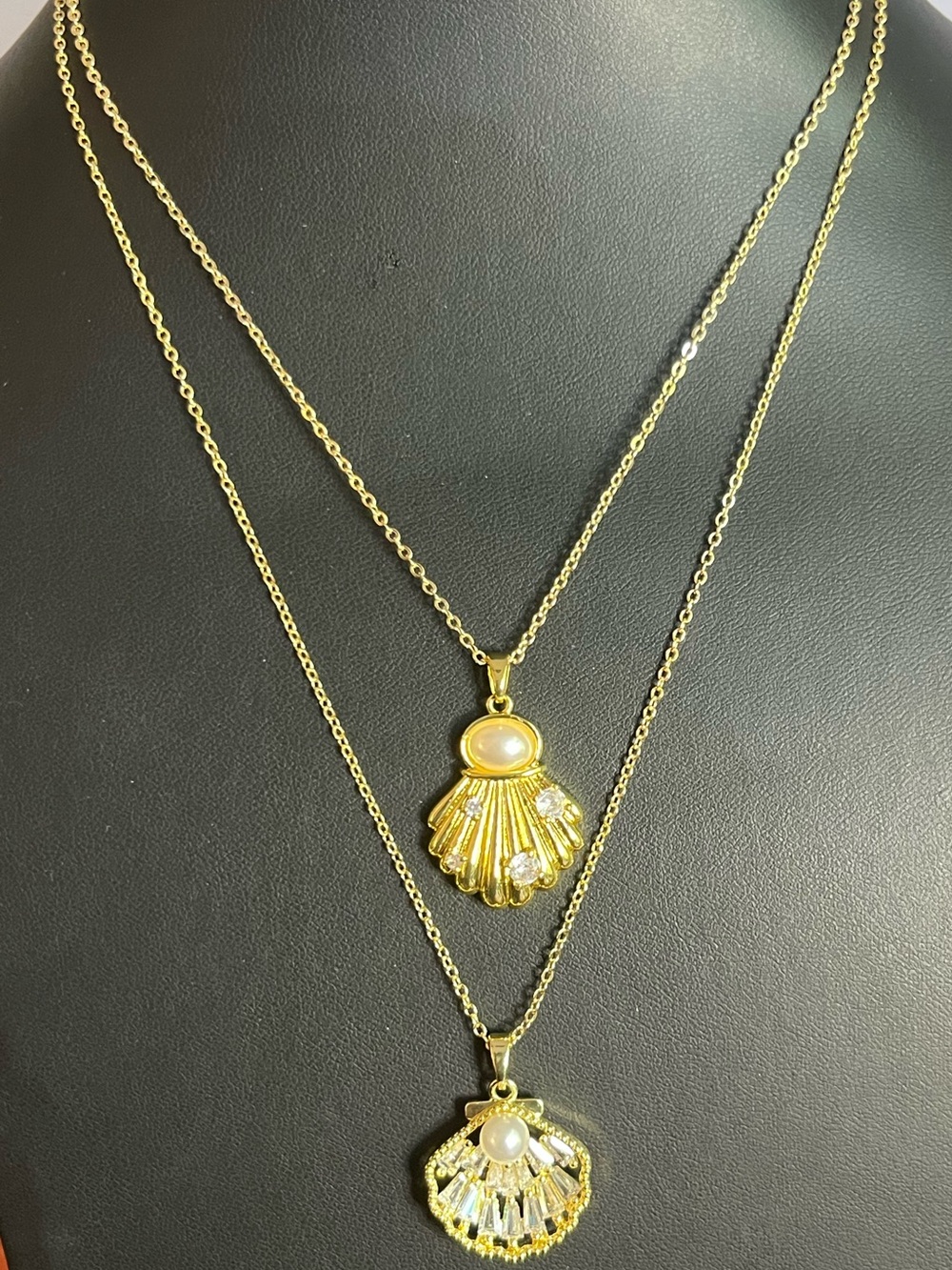 Gold Shell Pendant Layered Necklaces with Pearl Accent - 16-18” each